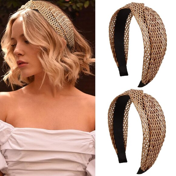 Woven Twist Headbands 2 Pack Boho Hairbands Non Slip Wide Rattan Accessories - Picture 2 of 7